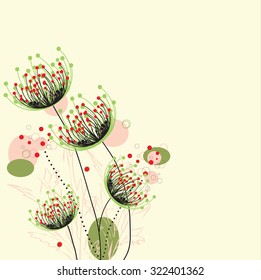 Vintage invitation card with elegant retro floral design, red and green flowers on yellow. Vector illustration.