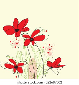 Vintage invitation card with elegant retro abstract floral design, red flowers on yellow. Vector illustration.