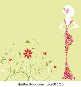Vintage invitation card with elegant retro abstract floral design, woman in flower dress on green. Vector illustration.