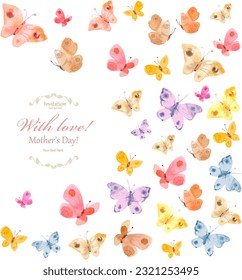 vintage invitation card with frame of watercolor flying colorful butterflies. painting sketch of moths. vector illustration of a butterfly. 