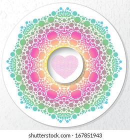 Vintage invitation card with gold, silver heart and lace ornament. Template frame design for card. Doily. Can be used for packaging, invitations, Valentine's Day, mass print production. 