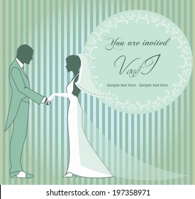 Vintage invitation card with groom and bride