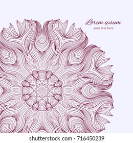 Vintage invitation card with hand drawn mandala pattern. Template frame design for card. Illustration with lace frame decoration. Vector background.