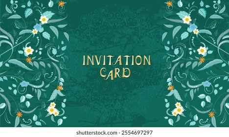 vintage invitation card with leafy pattern and gold letters. ornate floral green twigs with daffodil flowers against grunge background