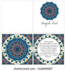 Vintage Invitation card with Mandala pattern. The front and rear side. Beautiful Ornament. Vector illustration