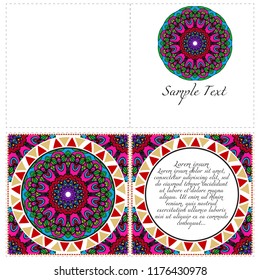 Vintage Invitation card with Mandala pattern. The front and rear side. Beautiful Ornament. Vector illustration.