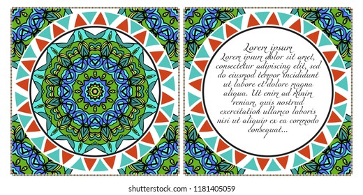 Vintage Invitation card with Mandala pattern. The front and rear side. Beautiful Ornament. Vector illustration.