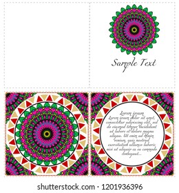 Vintage Invitation card with Mandala pattern. The front and rear side. Beautiful Ornament. Vector illustration.