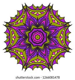 Vintage Invitation Card With Mandala Pattern. Decorative Elements. Vector Illustration. Anti-Stress Therapy Pattern. Purple, yellow color.