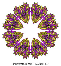 Vintage Invitation Card With Mandala Pattern. Decorative Elements. Vector Illustration. Anti-Stress Therapy Pattern. Purple, yellow color.