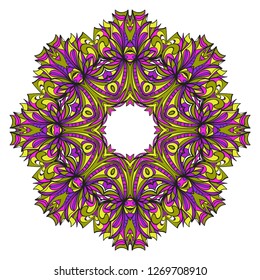 Vintage Invitation Card With Mandala Pattern. Decorative Elements. Vector Illustration. Anti-Stress Therapy Pattern. Purple, yellow color.