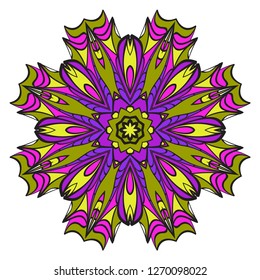 Vintage Invitation Card With Mandala Pattern. Decorative Elements. Vector Illustration. Anti-Stress Therapy Pattern. Purple, yellow color.