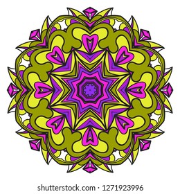 Vintage Invitation Card With Mandala Pattern. Decorative Elements. Vector Illustration. Anti-Stress Therapy Pattern. Purple, yellow color.