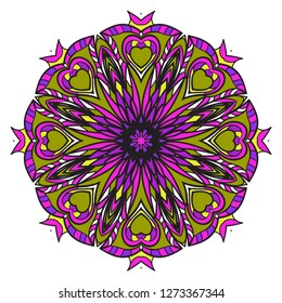 Vintage Invitation Card With Mandala Pattern. Decorative Elements. Vector Illustration. Anti-Stress Therapy Pattern. Purple, yellow color.