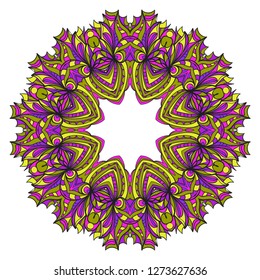 Vintage Invitation Card With Mandala Pattern. Decorative Elements. Vector Illustration. Anti-Stress Therapy Pattern. Purple, yellow color.