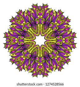 Vintage Invitation Card With Mandala Pattern. Decorative Elements. Vector Illustration. Anti-Stress Therapy Pattern. Purple, yellow color.