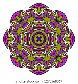 Vintage Invitation Card With Mandala Pattern. Decorative Elements. Vector Illustration. Anti-Stress Therapy Pattern. Purple, yellow color.