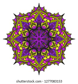 Vintage Invitation Card With Mandala Pattern. Decorative Elements. Vector Illustration. Anti-Stress Therapy Pattern. Purple, yellow color.