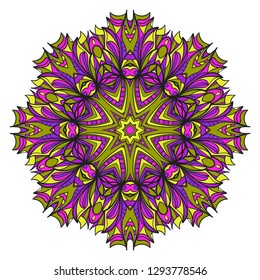 Vintage Invitation Card With Mandala Pattern. Decorative Elements. Vector Illustration. Anti-Stress Therapy Pattern. Purple, yellow color.