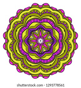 Vintage Invitation Card With Mandala Pattern. Decorative Elements. Vector Illustration. Anti-Stress Therapy Pattern. Purple, yellow color.