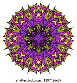 Vintage Invitation Card With Mandala Pattern. Decorative Elements. Vector Illustration. Anti-Stress Therapy Pattern. Purple, yellow color.