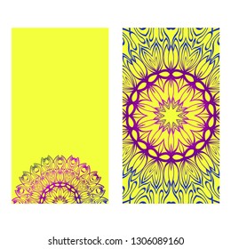 Vintage Invitation Card With Mandala Pattern. The Front And Rear Side. Beautiful Ornament. Vector Illustration. Purple yellow color.