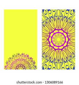 Vintage Invitation Card With Mandala Pattern. The Front And Rear Side. Beautiful Ornament. Vector Illustration. Purple yellow color.