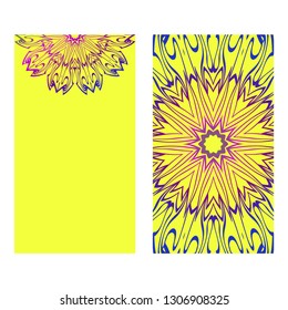 Vintage Invitation Card With Mandala Pattern. The Front And Rear Side. Beautiful Ornament. Vector Illustration. Purple yellow color.