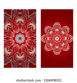 Vintage Invitation Card With Mandala Pattern. The Front And Rear Side. Beautiful Ornament. Vector Illustration. red silver color.