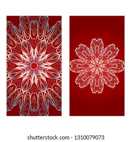 Vintage Invitation Card With Mandala Pattern. The Front And Rear Side. Beautiful Ornament. Vector Illustration. red silver color.