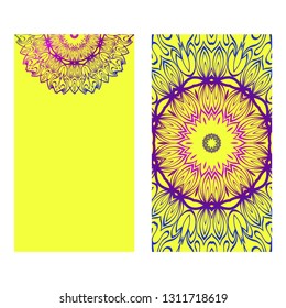 Vintage Invitation Card With Mandala Pattern. The Front And Rear Side. Beautiful Ornament. Vector Illustration. Purple yellow color.