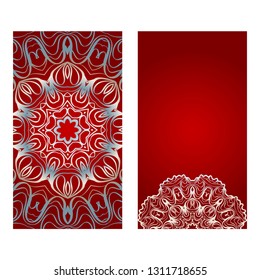 Vintage Invitation Card With Mandala Pattern. The Front And Rear Side. Beautiful Ornament. Vector Illustration. red silver color.