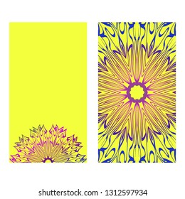 Vintage Invitation Card With Mandala Pattern. The Front And Rear Side. Beautiful Ornament. Vector Illustration. Purple yellow color.