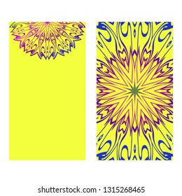 Vintage Invitation Card With Mandala Pattern. The Front And Rear Side. Beautiful Ornament. Vector Illustration. Purple yellow color.
