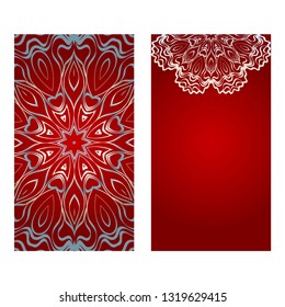 Vintage Invitation Card With Mandala Pattern. The Front And Rear Side. Beautiful Ornament. Vector Illustration. red silver color.