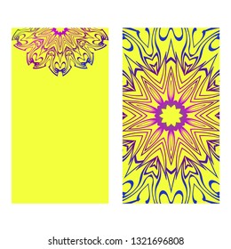 Vintage Invitation Card With Mandala Pattern. The Front And Rear Side. Beautiful Ornament. Vector Illustration. Purple yellow color.