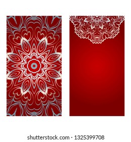 Vintage Invitation Card With Mandala Pattern. The Front And Rear Side. Beautiful Ornament. Vector Illustration. red silver color.
