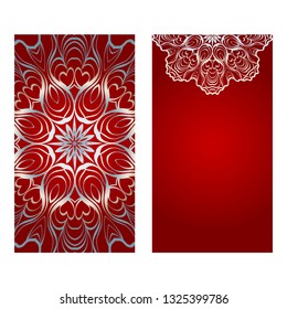 Vintage Invitation Card With Mandala Pattern. The Front And Rear Side. Beautiful Ornament. Vector Illustration. red silver color.