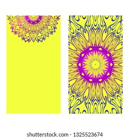Vintage Invitation Card With Mandala Pattern. The Front And Rear Side. Beautiful Ornament. Vector Illustration. Purple yellow color.