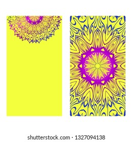 Vintage Invitation Card With Mandala Pattern. The Front And Rear Side. Beautiful Ornament. Vector Illustration. Purple yellow color.