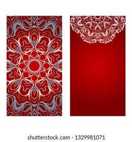 Vintage Invitation Card With Mandala Pattern. The Front And Rear Side. Beautiful Ornament. Vector Illustration. red silver color.