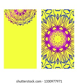 Vintage Invitation Card With Mandala Pattern. The Front And Rear Side. Beautiful Ornament. Vector Illustration. Purple yellow color.