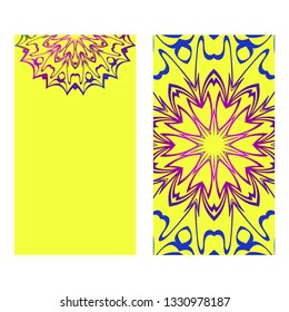 Vintage Invitation Card With Mandala Pattern. The Front And Rear Side. Beautiful Ornament. Vector Illustration. Purple yellow color.