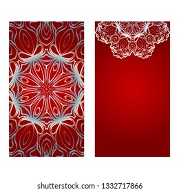 Vintage Invitation Card With Mandala Pattern. The Front And Rear Side. Beautiful Ornament. Vector Illustration. red silver color.
