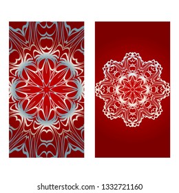 Vintage Invitation Card With Mandala Pattern. The Front And Rear Side. Beautiful Ornament. Vector Illustration. red silver color.