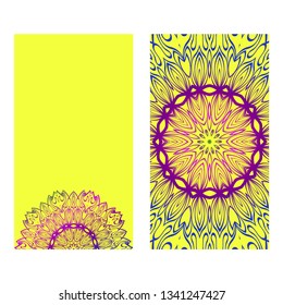 Vintage Invitation Card With Mandala Pattern. The Front And Rear Side. Beautiful Ornament. Vector Illustration. Purple yellow color.