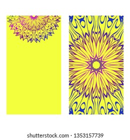 Vintage Invitation Card With Mandala Pattern. The Front And Rear Side. Beautiful Ornament. Vector Illustration. Purple yellow color.
