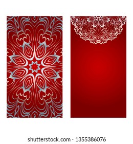 Vintage Invitation Card With Mandala Pattern. The Front And Rear Side. Beautiful Ornament. Vector Illustration. red silver color.