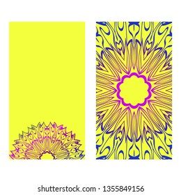 Vintage Invitation Card With Mandala Pattern. The Front And Rear Side. Beautiful Ornament. Vector Illustration. Purple yellow color.