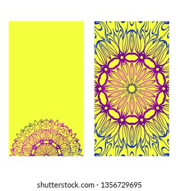 Vintage Invitation Card With Mandala Pattern. The Front And Rear Side. Beautiful Ornament. Vector Illustration. Purple yellow color.